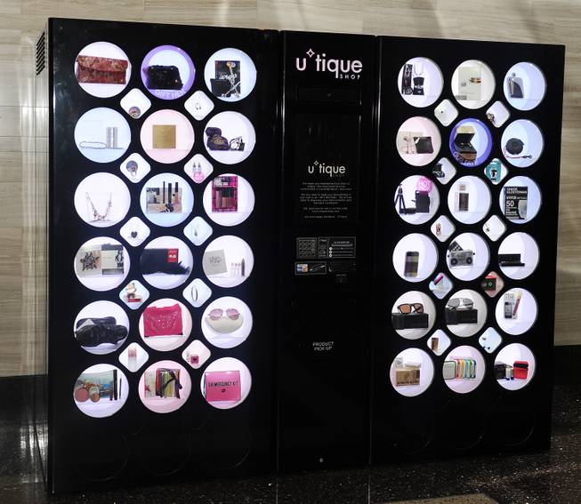 The futuristic machine holds a collection of 56 items, including luxury brands like Lancome, Smashbox, Beats by Dre headphones, The Art of Shaving and Jonathan Adler accessories.